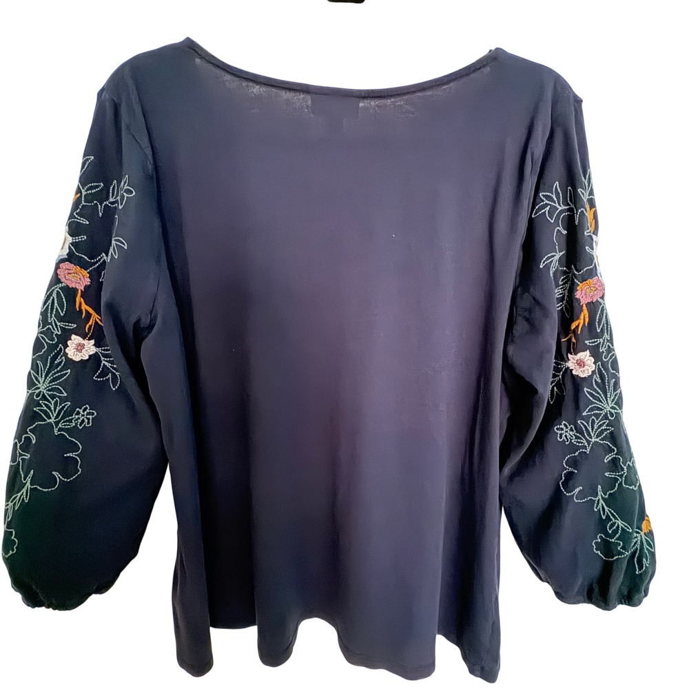 J.Jill Blouse Women Large Petite Navy Blue Good Floral Embroidered 3/4 Sleeve - Picture 3 of 10
